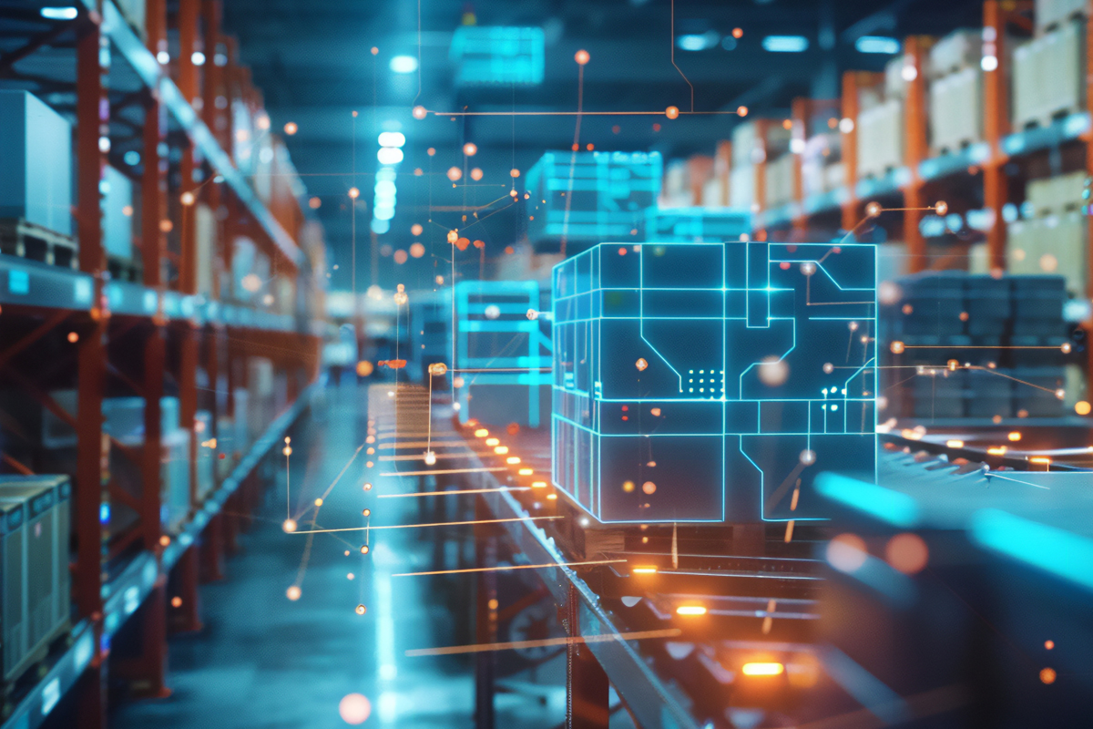 Fantasy image of digital floating outlines and marks placed on packages moving along a conveyor belt.