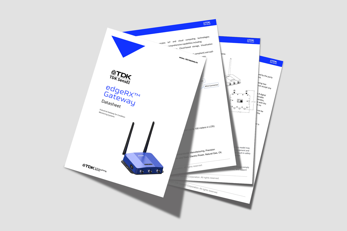 Image of four separate pages from the datasheet depicting the edgeRX™ Gateway over a gray background.