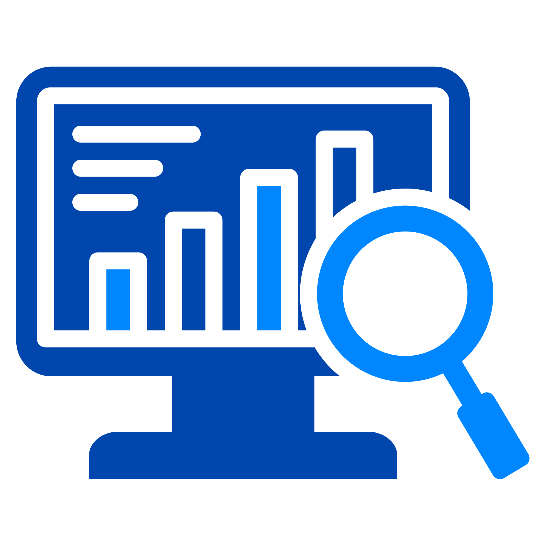 Icon representing a bar graph being inspected with a magnifying glass.