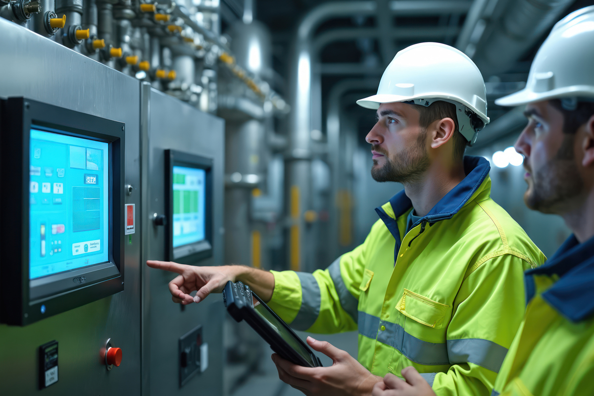 Image of two maintenance workers attending to an electrical panel in a building.
