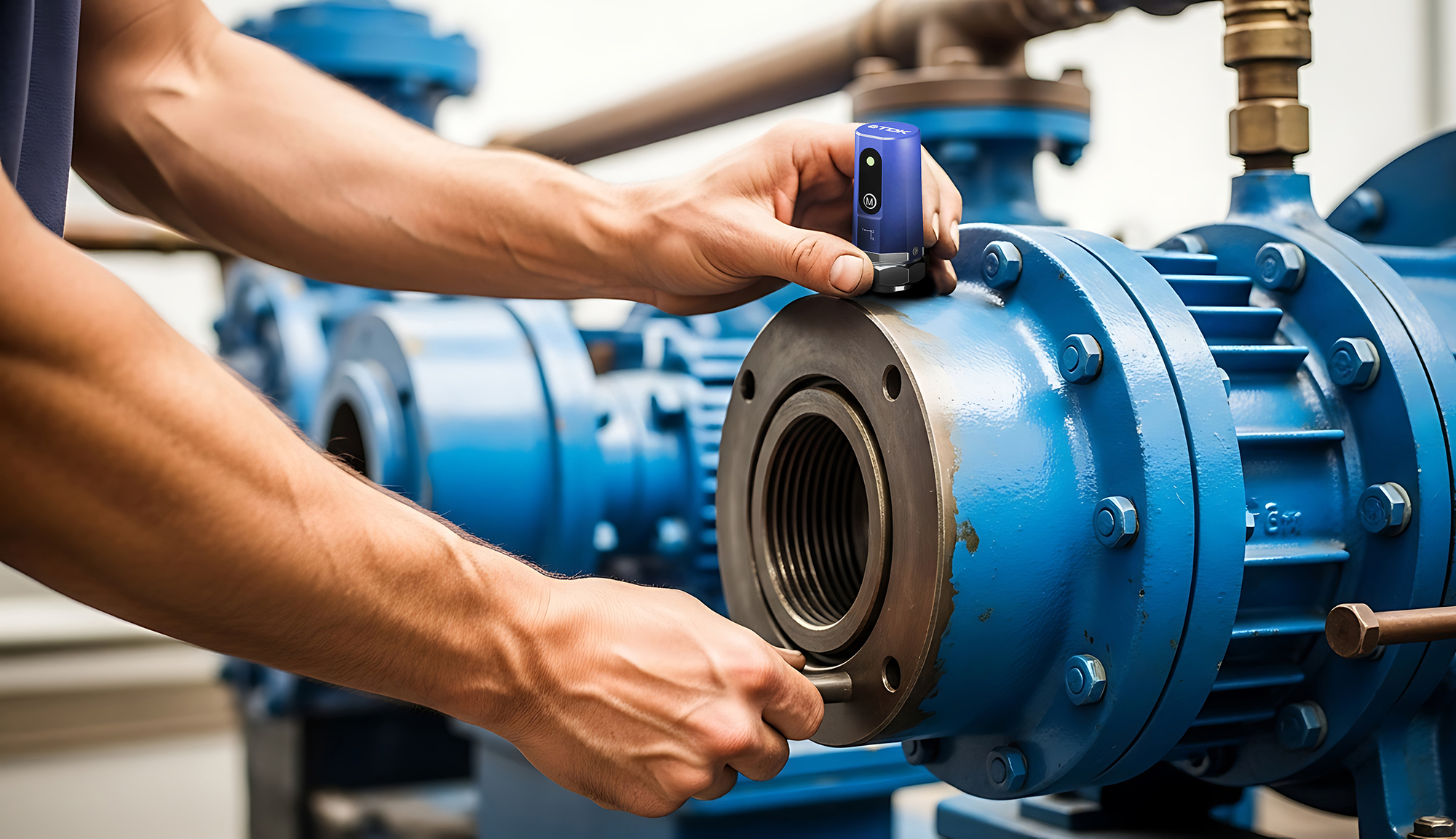 Worker applying the edgeRX™ LYNQ to a pump