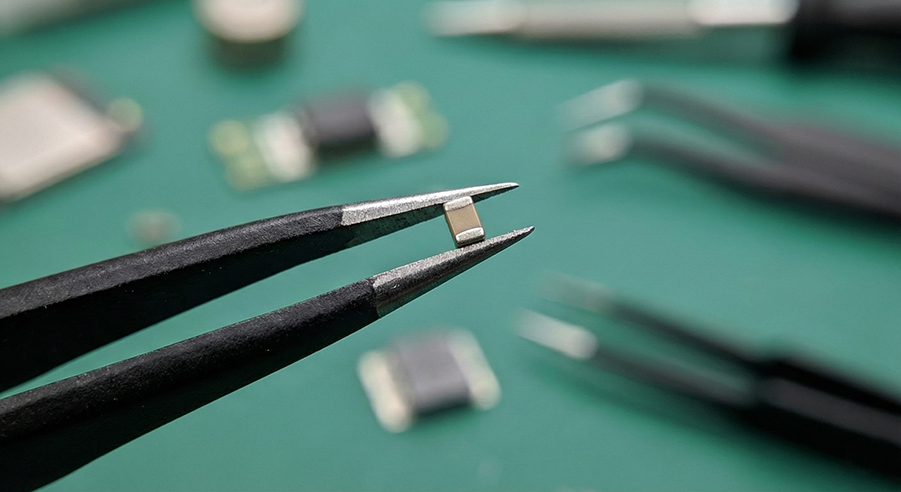 tweezers_on_MLCC_capacitor_web Image of an MLCC Capacitor being held by tweezers